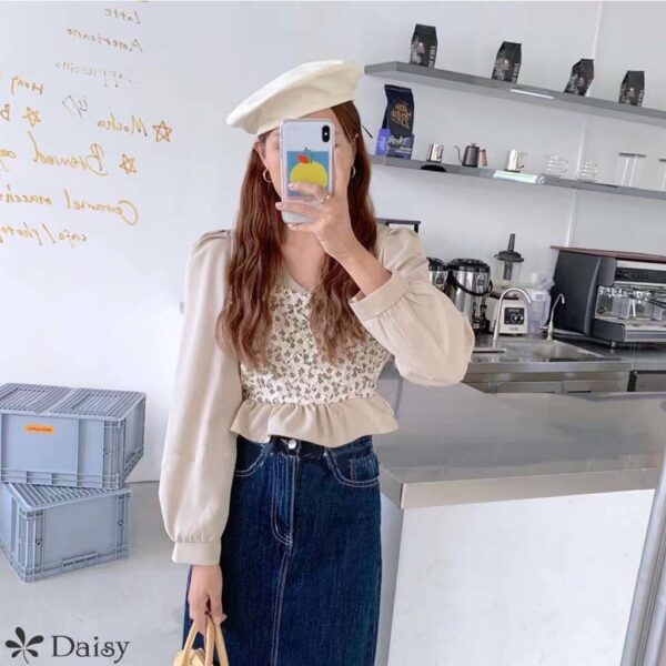 Áo kiểu Croptop dài tay DAISY chất liệu chiffon mềm mịn phối in họa tiết hoa đan móc nổi cá tính Mã AK7149