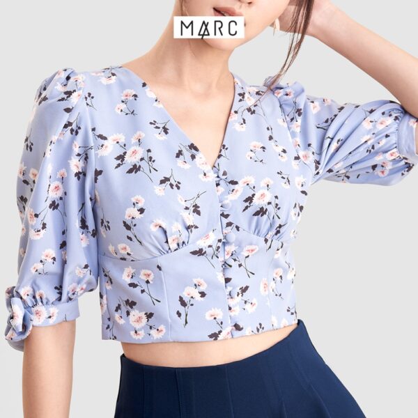 Áo kiểu nữ MARC FASHION crop cổ V cài nút nhấn nơ tay - Hình ảnh 3