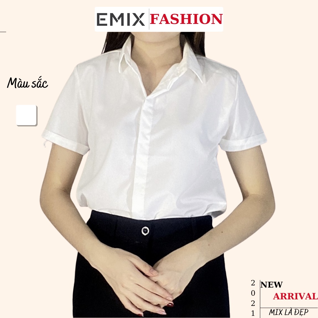 Áo sơ mi công sở cơ bản EMIX (màu trắng), dáng dài, form rộng, vải lụa thô, mềm mịn, không bai xù a66