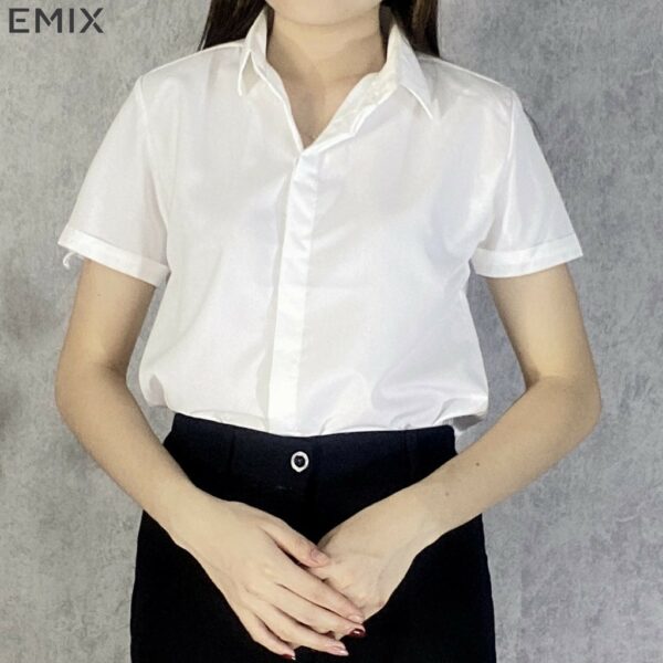 Áo sơ mi nữ cộc tay EMIX (màu trắng), công sở, dáng dài, tay ngắn, chất lụa thô đẹp không lộ, mềm mại - Ảnh 2