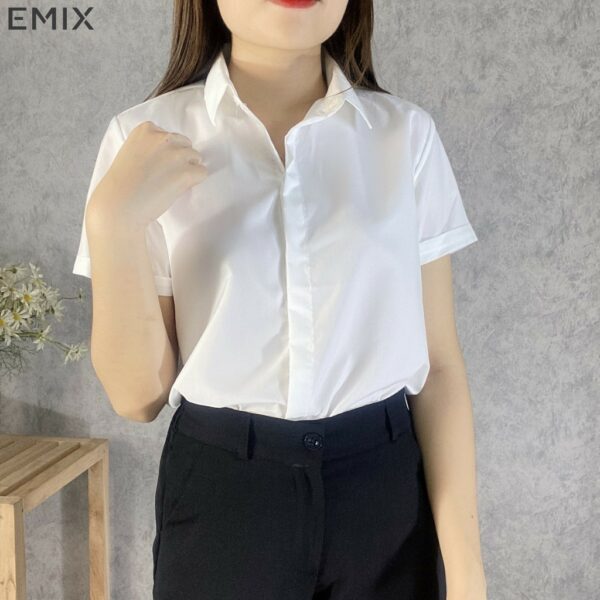 Áo sơ mi nữ cộc tay EMIX (màu trắng), công sở, dáng dài, tay ngắn, chất lụa thô đẹp không lộ, mềm mại - Ảnh 3