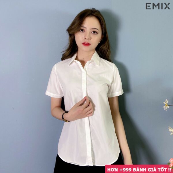 Áo sơ mi nữ cộc tay EMIX (màu trắng), công sở, dáng dài, tay ngắn, chất lụa thô đẹp không lộ, mềm mại - Ảnh 4