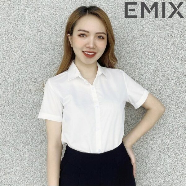 Áo sơ mi nữ cộc tay EMIX (màu trắng), công sở, dáng dài, tay ngắn, chất lụa thô đẹp không lộ, mềm mại - Ảnh 5