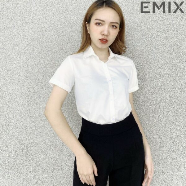 Áo sơ mi nữ cộc tay EMIX (màu trắng), công sở, dáng dài, tay ngắn, chất lụa thô đẹp không lộ, mềm mại - Ảnh 6