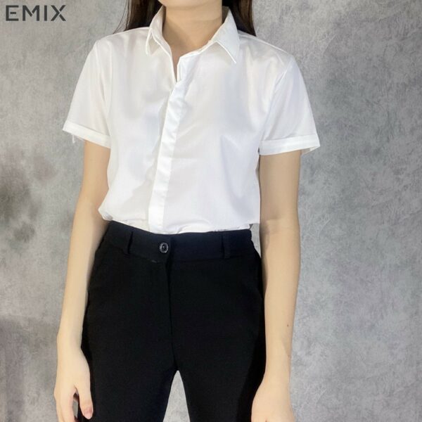 Áo sơ mi nữ cộc tay EMIX (màu trắng), công sở, dáng dài, tay ngắn, chất lụa thô đẹp không lộ, mềm mại - Ảnh 7