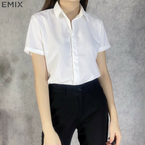 Áo sơ mi nữ cộc tay EMIX (màu trắng), công sở, dáng dài, tay ngắn, chất lụa thô đẹp không lộ, mềm mại - Ảnh 8