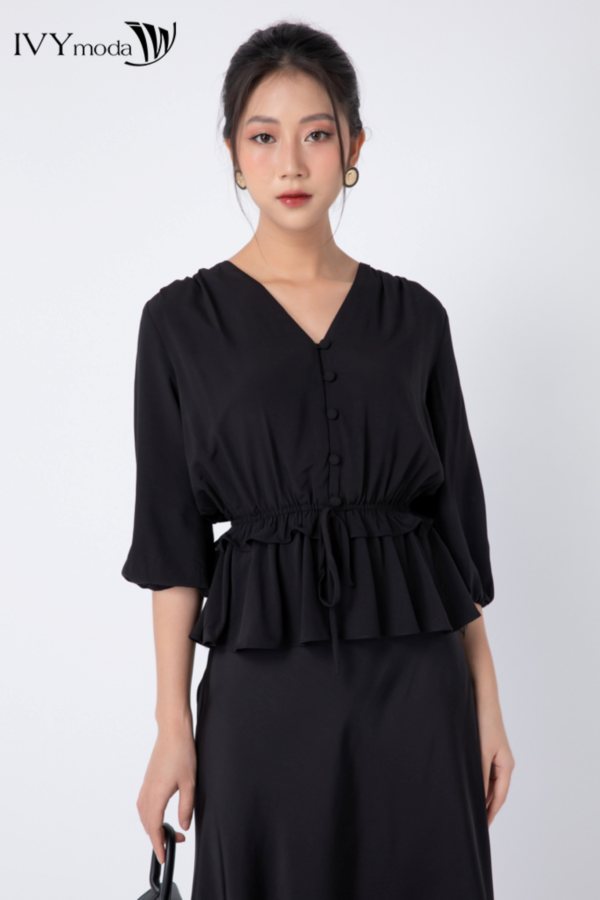 Áo sơ mi nữ dáng peplum eo nhún bèo thắt dây kéo IVY moda MS 17T0075