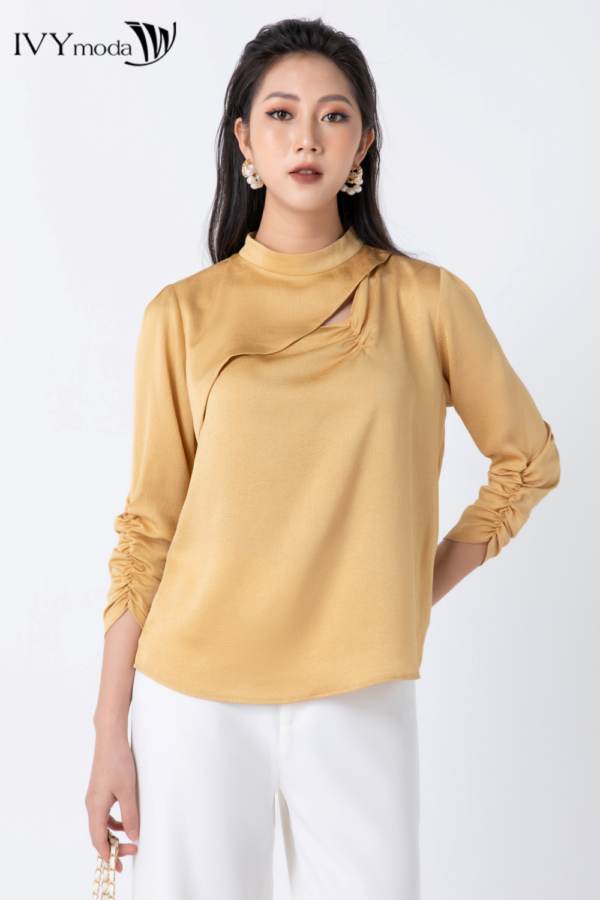 Áo sơ mi nữ tay nhún cổ cut - out cực sành điệu IVY moda MS 17T0052
