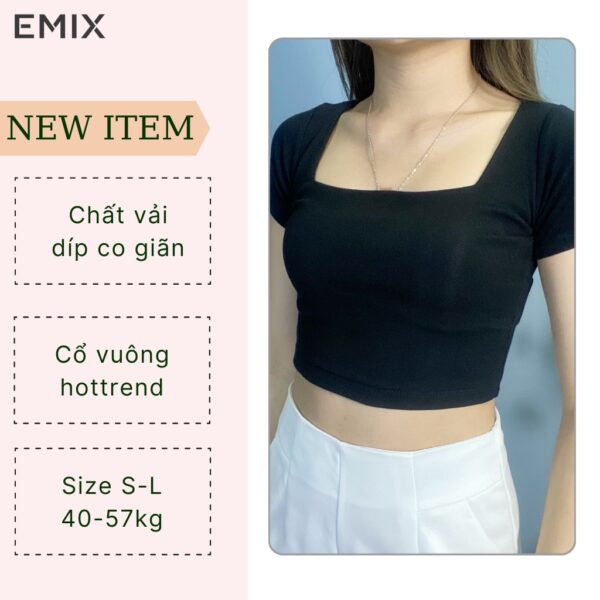Áo thun croptop nữ EMIX (2 màu), dài 40cm, ngắn tay, cổ vuông, ôm eo, chất díp co giãn, mềm mát, tôn dáng A205 - Ảnh 3