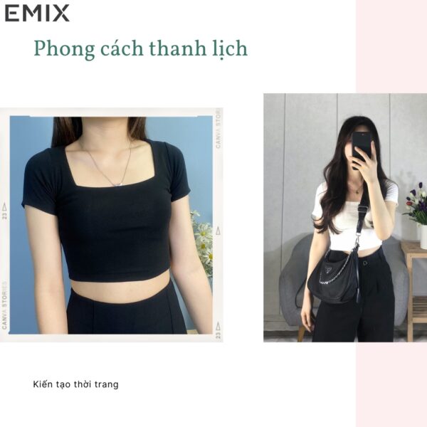 Áo thun croptop nữ EMIX (2 màu), dài 40cm, ngắn tay, cổ vuông, ôm eo, chất díp co giãn, mềm mát, tôn dáng A205 - Ảnh 4