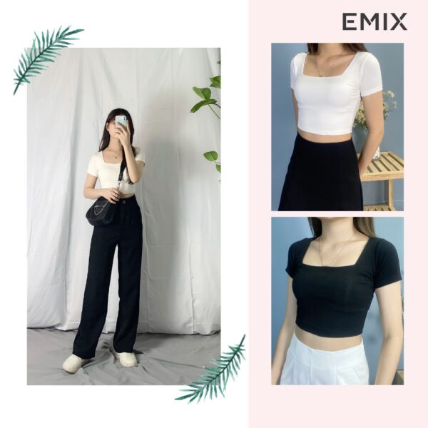 Áo thun croptop nữ EMIX (2 màu), dài 40cm, ngắn tay, cổ vuông, ôm eo, chất díp co giãn, mềm mát, tôn dáng A205 - Ảnh 5