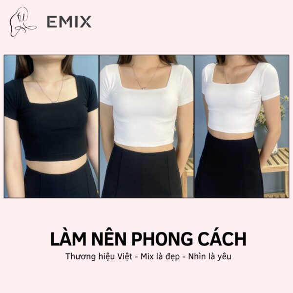 Áo thun croptop nữ EMIX (2 màu), dài 40cm, ngắn tay, cổ vuông, ôm eo, chất díp co giãn, mềm mát, tôn dáng A205 - Ảnh 6