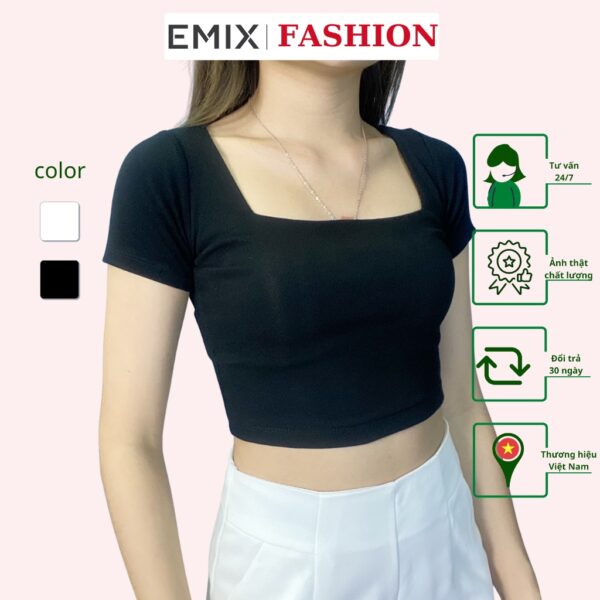 Áo thun croptop nữ EMIX (2 màu), dài 40cm, ngắn tay, cổ vuông, ôm eo, chất díp co giãn, mềm mát, tôn dáng A205