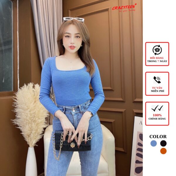 Áo thun nữ cổ vuông tay dài CRAZYTEEN chất len xuất khẩu AT0209 - Hình ảnh 2