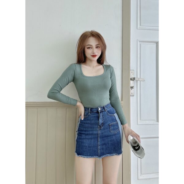 Áo thun nữ cổ vuông tay dài CRAZYTEEN chất len xuất khẩu AT0209