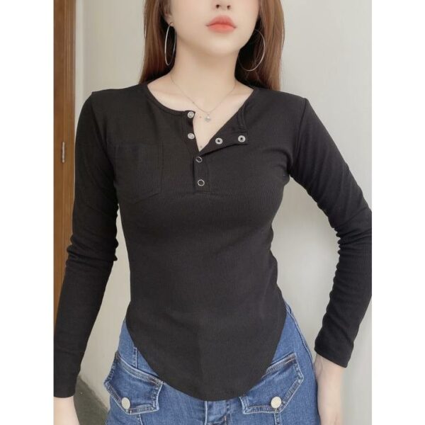 ☌☊ Áo thun tay dài nữ CRAZYTEEN phối túi sang trọng AT0212