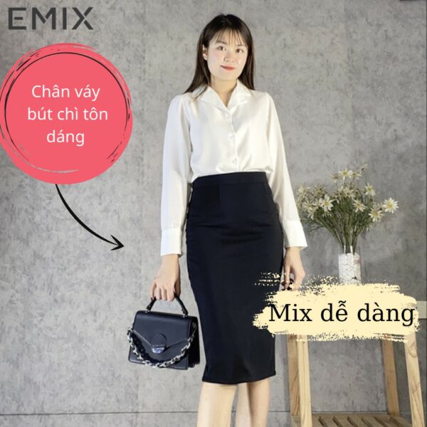 Chân váy bút chì cao cấp EMIX ̣(màu đen), dáng dài qua gối, xẻ sau, vài umi co giãn không lộ, cạp chun dễ mặc - Ảnh 5