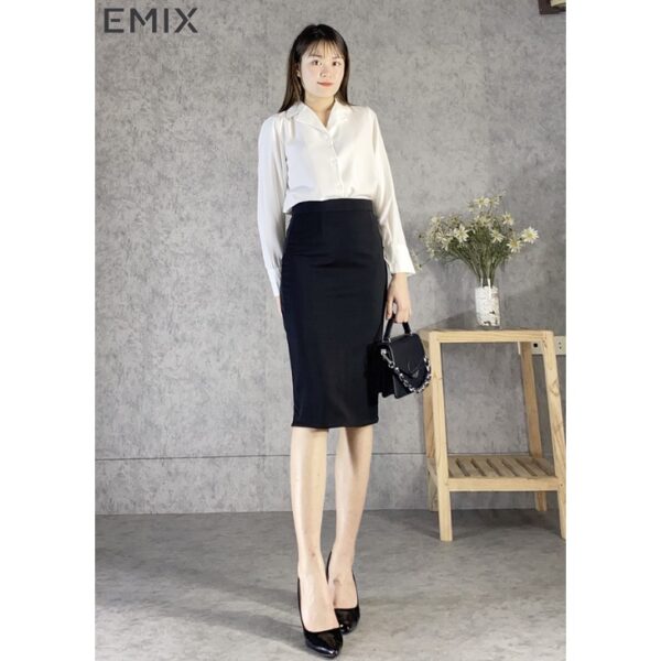 Chân váy bút chì cao cấp EMIX ̣(màu đen), dáng dài qua gối, xẻ sau, vài umi co giãn không lộ, cạp chun dễ mặc - Ảnh 7