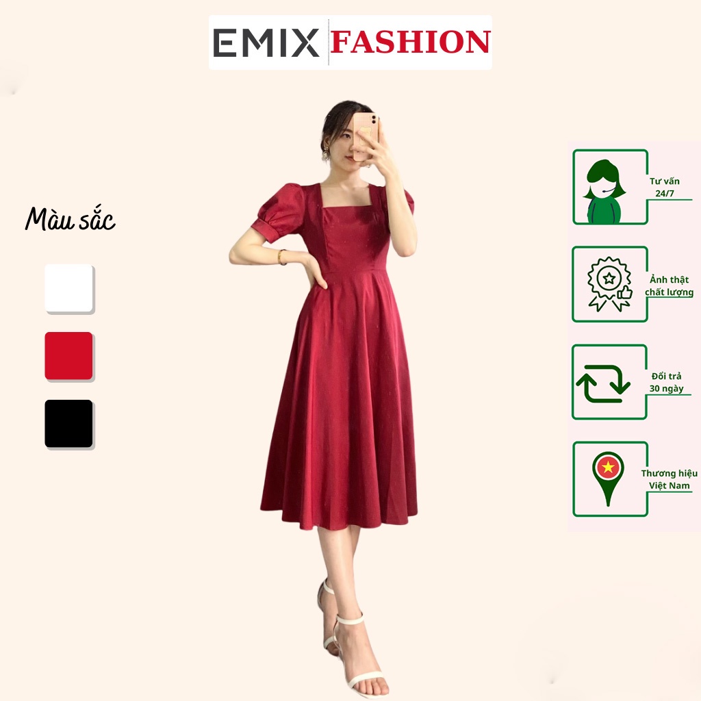 Đầm công sở nữ cổ vuông EMIX (3 màu), cộc tay, tay bồng, chất lụa ...