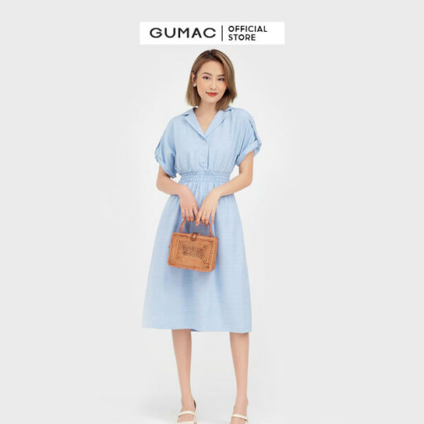 Đầm nữ eo chun cổ lật GUMAC mẫu mới DB572 Chất Liệu Vải LAINEN form A xòe style thanh lịch