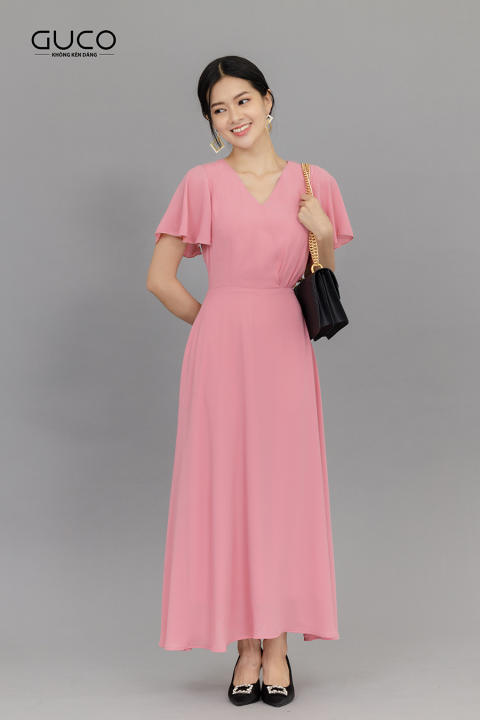 Đầm nữ GUCO kiểu dáng maxi tay tiên màu hồng Pastel 3073