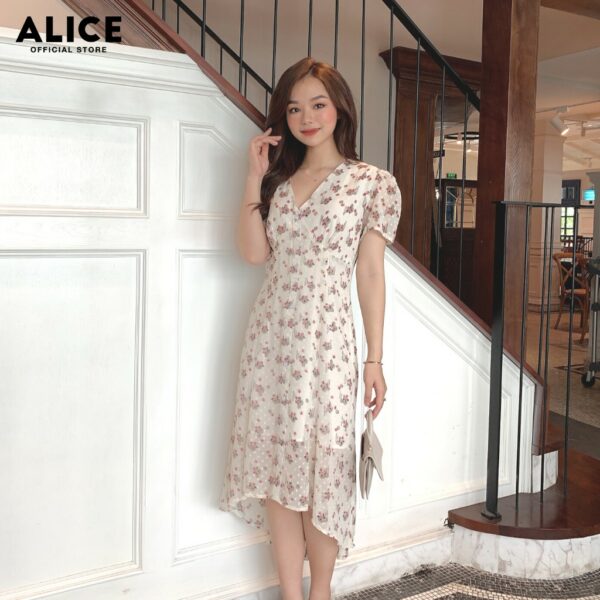 Đầm Nữ Hoa Nhí ALICE Thiết Kế Dáng Xòe Thắt Eo Phối Chân Váy Đuôi Cá Cổ Chữ V Tay Bồng V281 - Hình ảnh 3