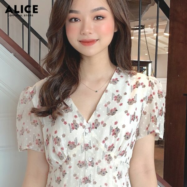 Đầm Nữ Hoa Nhí ALICE Thiết Kế Dáng Xòe Thắt Eo Phối Chân Váy Đuôi Cá Cổ Chữ V Tay Bồng V281 - Hình ảnh 6