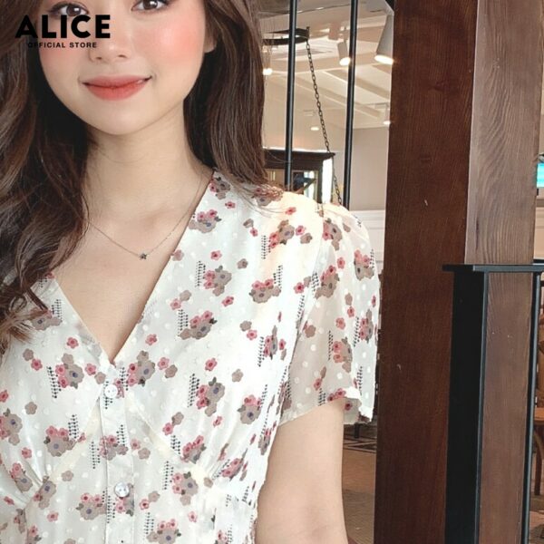 Đầm Nữ Hoa Nhí ALICE Thiết Kế Dáng Xòe Thắt Eo Phối Chân Váy Đuôi Cá Cổ Chữ V Tay Bồng V281 - Hình ảnh 7