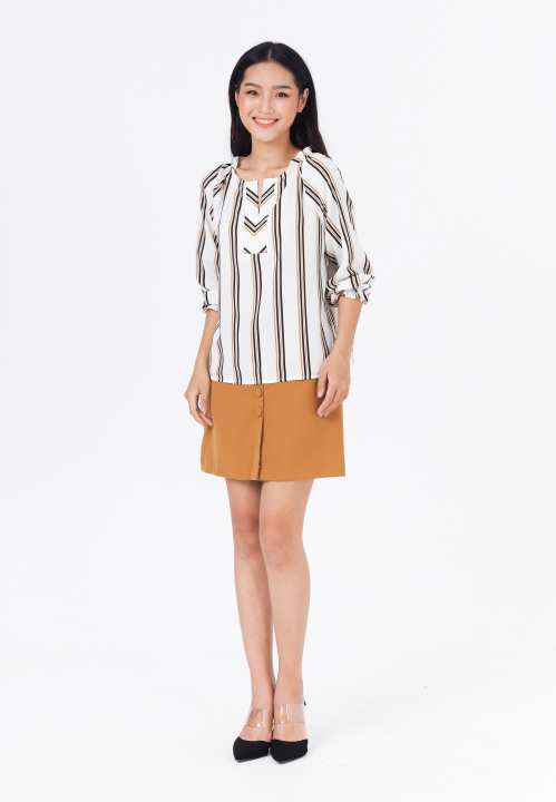 De Leah – Áo Kẻ Cổ Nhún Bèo – Thời Trang Thiết Kế