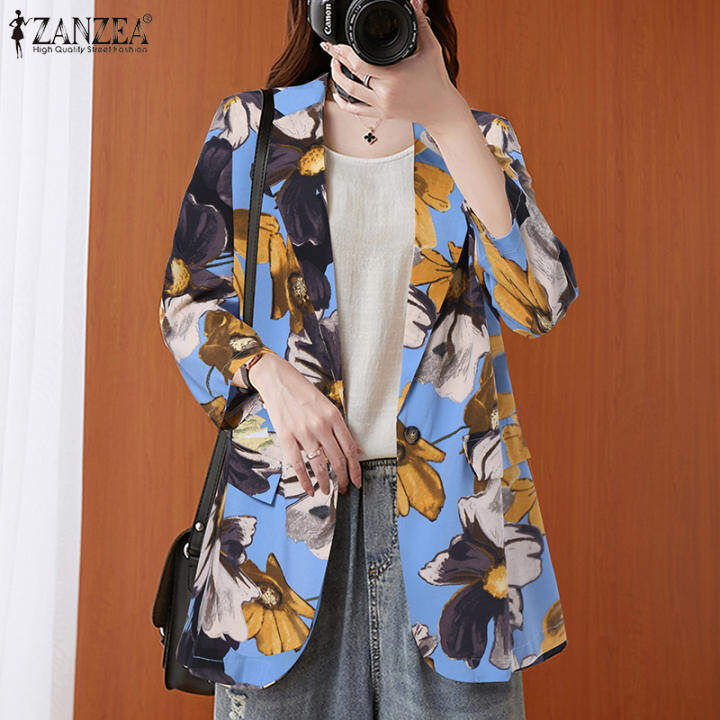 Fancystyle ZANZEA Áo Blazer Nữ In Hoa Phong Cách Hàn Quốc Áo Khoác Công Sở OL Ve Áo Áo Khoác Ngoài Bộ Đồ, Mùa Thu