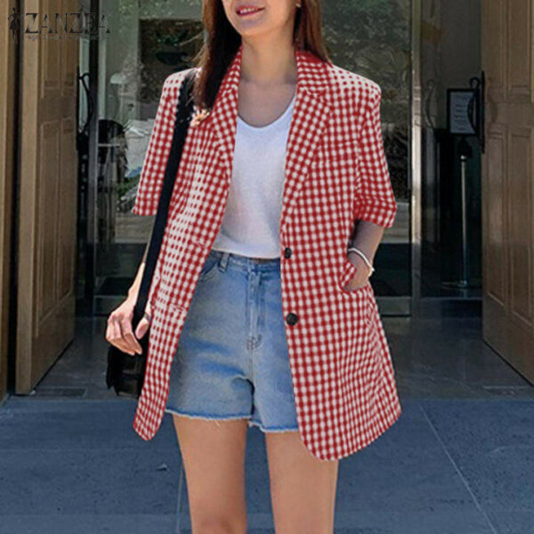 Fancystyle ZANZEA Bộ Đồ Blazer Nữ Tay Ngắn Phong Cách Hàn Quốc, Áo Khoác, Quần Áo Thể Thao Áo Khoác Cardigan Kẻ Ca Rô