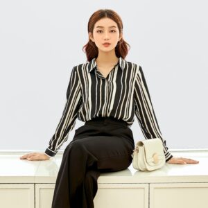 [GILLEE] Áo Sơ Mi Lụa Sọc Black White