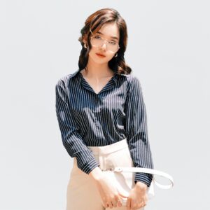 [GILLEE] Áo Sơ Mi Lụa Sọc Navy New