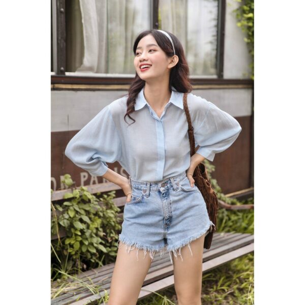 [GILLEE] Áo Sơ Mi Nữ Form Rộng Tay Lỡ Xanh Amity - Hình ảnh 2