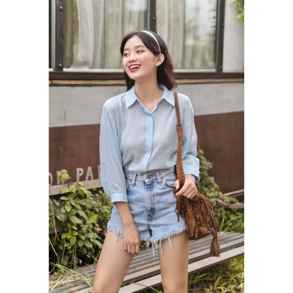 [GILLEE] Áo Sơ Mi Nữ Form Rộng Tay Lỡ Xanh Amity - Hình ảnh 4