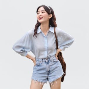 [GILLEE] Áo Sơ Mi Nữ Form Rộng Tay Lỡ Xanh Amity