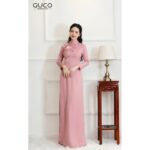 GUCO – Set Áo dài truyền thống nữ màu hồng hoa 3D thanh lịch AD103