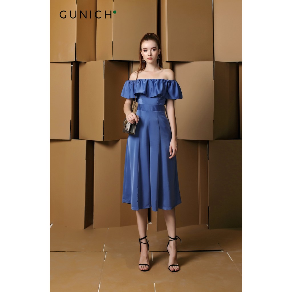 Jumpsuit trễ vai xanh bèo nhún Gunich