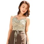 MAYBI – Áo 2 dây rút nhún xanh họa tiết Flowers shrugged croptop