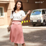 MAYBI – Áo cổ lá sen cột nơ nhún tay V neck Puff Sleeves Blouse