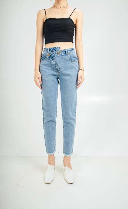 Quần jean cạp moi lệch chất liệu jeans dáng dài ôm trơn phong cách năng động, trẻ trung thời trang CChat Clothes 20QDJ0023BT