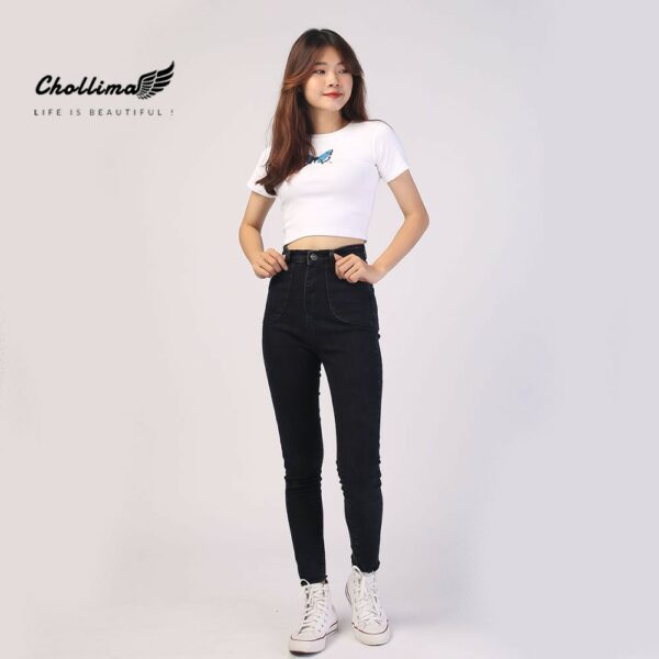 Quần jeans nữ co giãn Chollima cạp siêu cao đắp 2 túi tròn QD003 phong cách hàn quốc - Hình ảnh 2