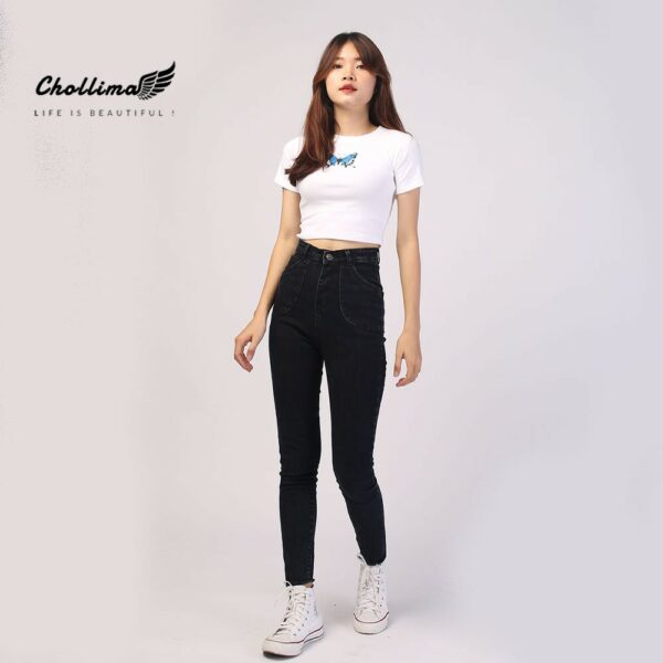 Quần jeans nữ co giãn Chollima cạp siêu cao đắp 2 túi tròn QD003 phong cách hàn quốc - Hình ảnh 3