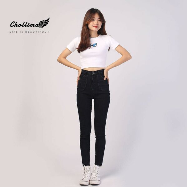 Quần jeans nữ co giãn Chollima cạp siêu cao đắp 2 túi tròn QD003 phong cách hàn quốc - Hình ảnh 4