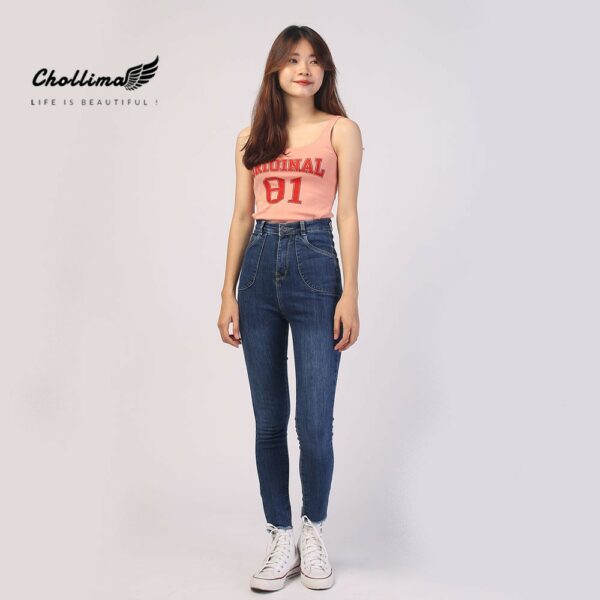 Quần jeans nữ co giãn Chollima cạp siêu cao đắp 2 túi tròn QD003 phong cách hàn quốc - Hình ảnh 6