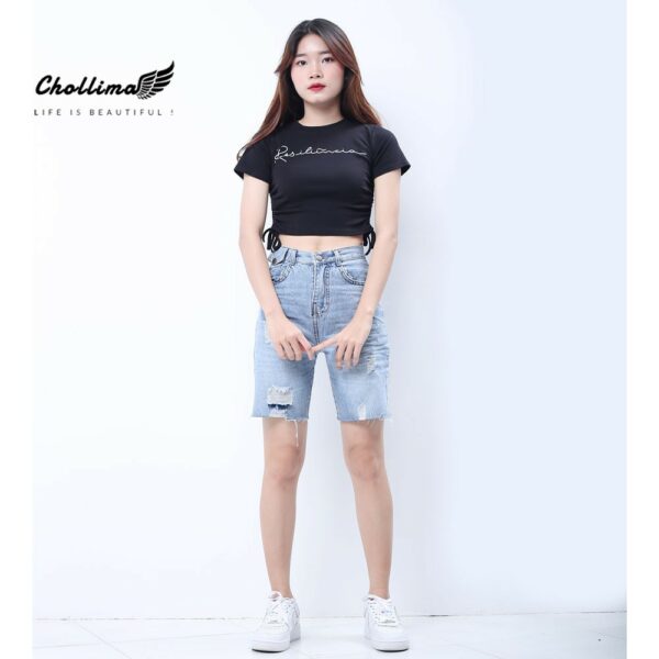 Quần ngố jeans nữ Chollima đắp túi nhỏ có nắp tua lai phong cách trẻ trung sành điệu QS023 - Hình ảnh 3
