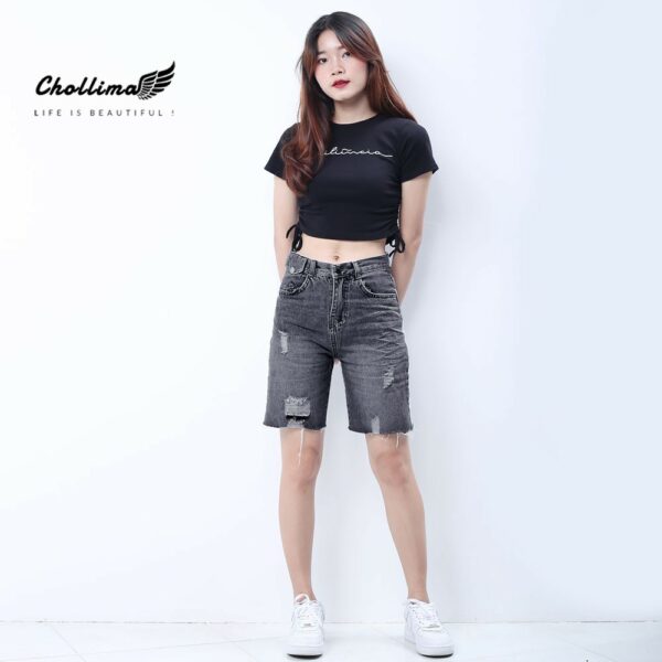 Quần ngố jeans nữ Chollima đắp túi nhỏ có nắp tua lai phong cách trẻ trung sành điệu QS023 - Hình ảnh 5