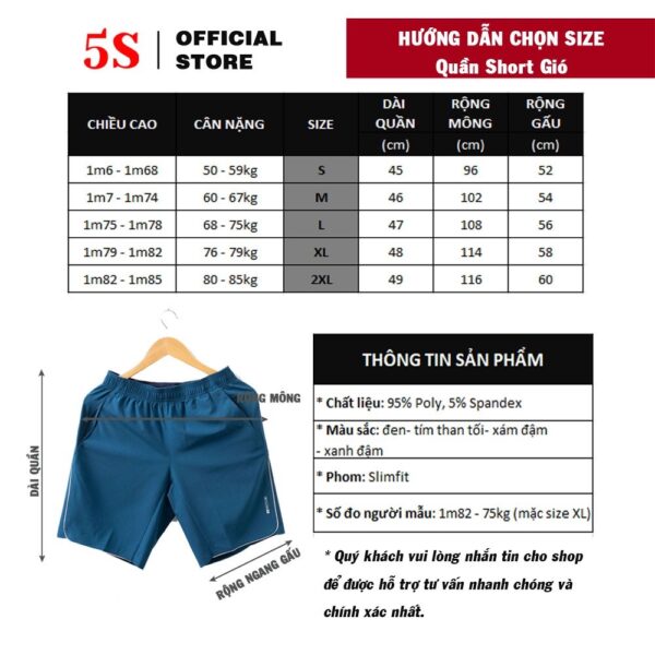 Quần Short Gió Nam 5S (5 màu) Vải Mềm, Siêu Nhẹ, Dáng Thể Thao (QSG002S1-01) - Hình ảnh 2