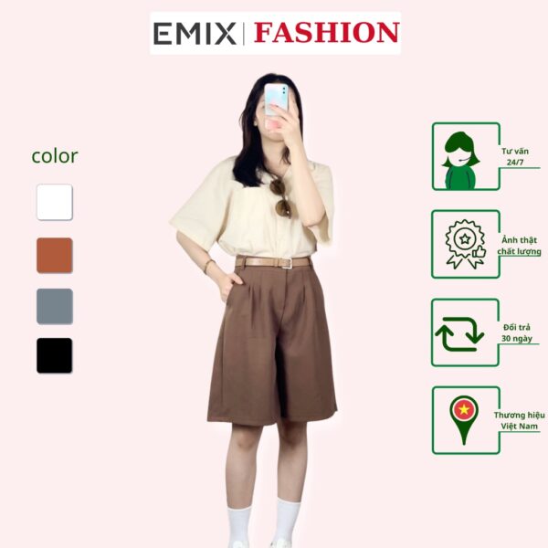 Quần short lửng ống rộng 1 ly EMIX (4 màu), dài 52cm, cạp cao, vải tuyết mưa mềm mịn, không bai màu 2066