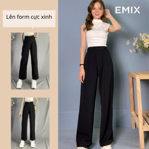 Quần tây nữ cơ bản EMIX (màu đen), dáng suông, ống rộng, dài 100cm, khóa trước, cạp cao, chất tuyết mưa mềm mịn 3100 - Hình ảnh 5